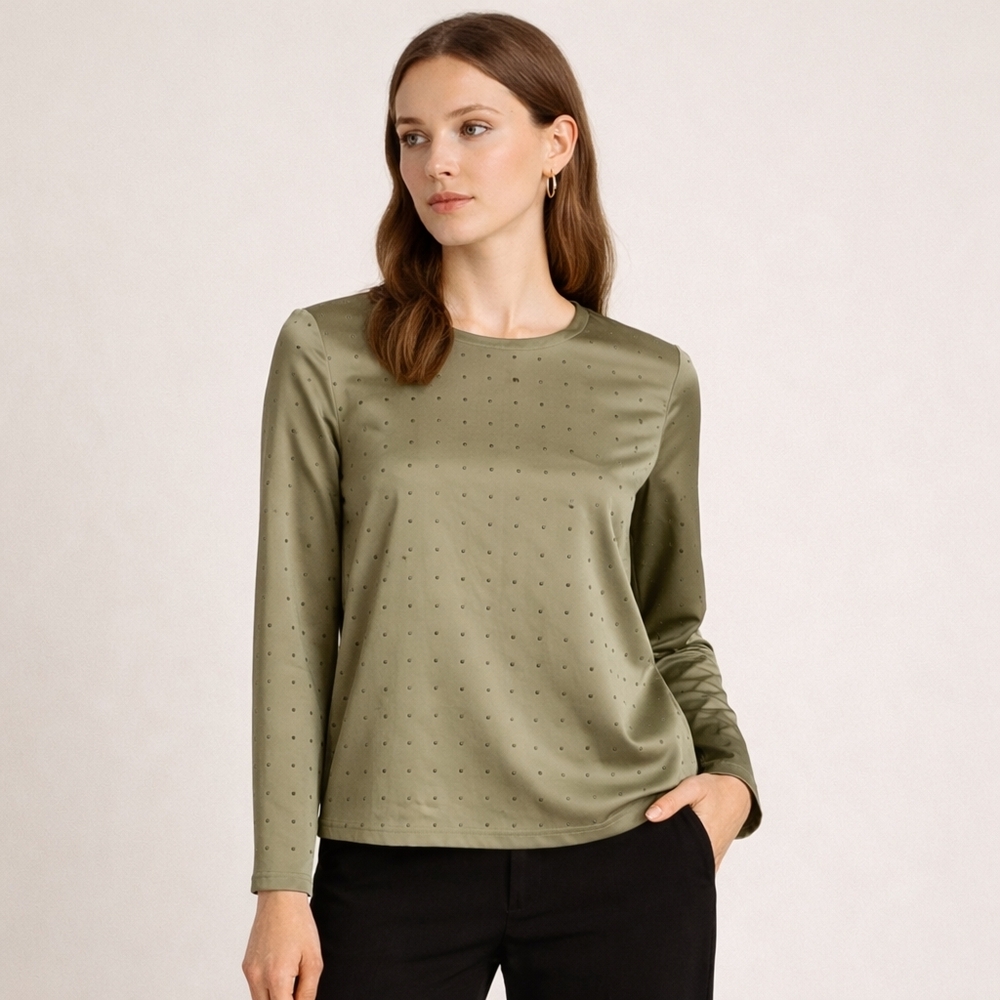 NWT Stark X Olive Studded Satin Long Sleeve Top | Quiet Luxury Minimalist Chic L